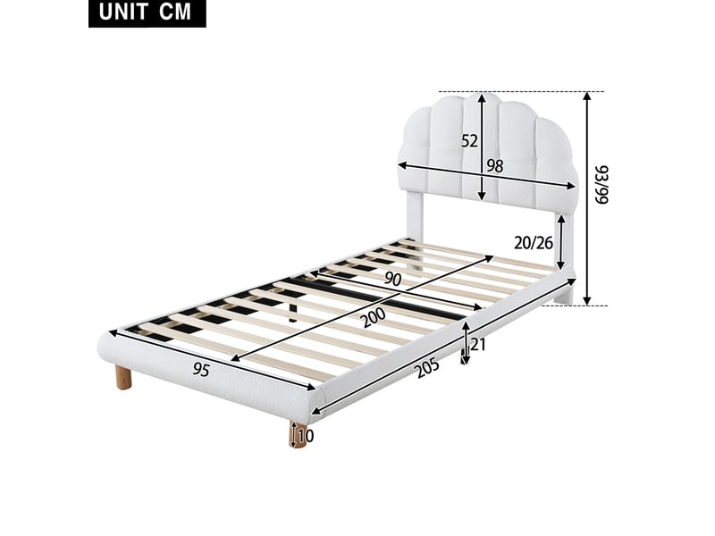  Lit simple 90x200 cm en boucle avec sommier à lattes, blanc et tête de lit  - Conforama C