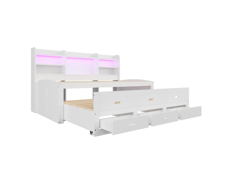  Lit enfant 90x200 cm avec lit gigogne 90x190 cm, led, 3 tiroirs, chevet rangement, usb, blanc, sans matelas  - Conforama D