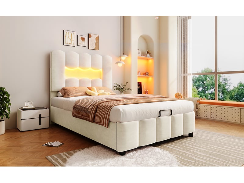  Lit coffre 90 × 200 cm, coffre relevable, éclairage led, tête de lit réglable, beige  - Conforama B