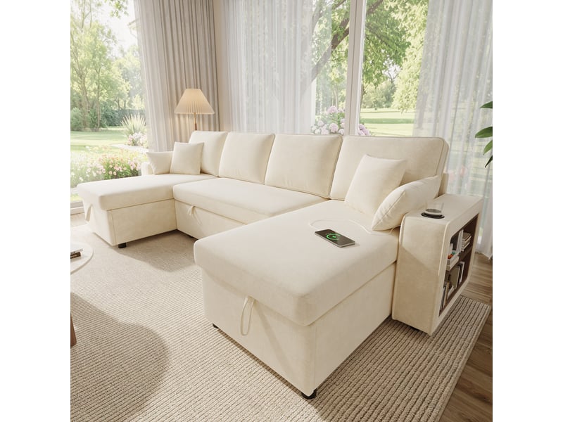 Canapé d'angle modulable 270x125x86 cm en u convertible en lit gigogne, rangements, double méridienne, usb, porte-gobelet, tablette - beige Bliss Lite - Conforama E