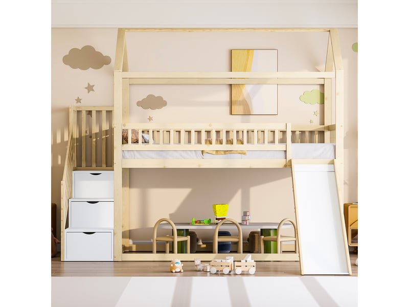  Lit mezzanine enfant 90 x 200 cm avec toboggan, échelle de rangement et sommier  - Conforama E