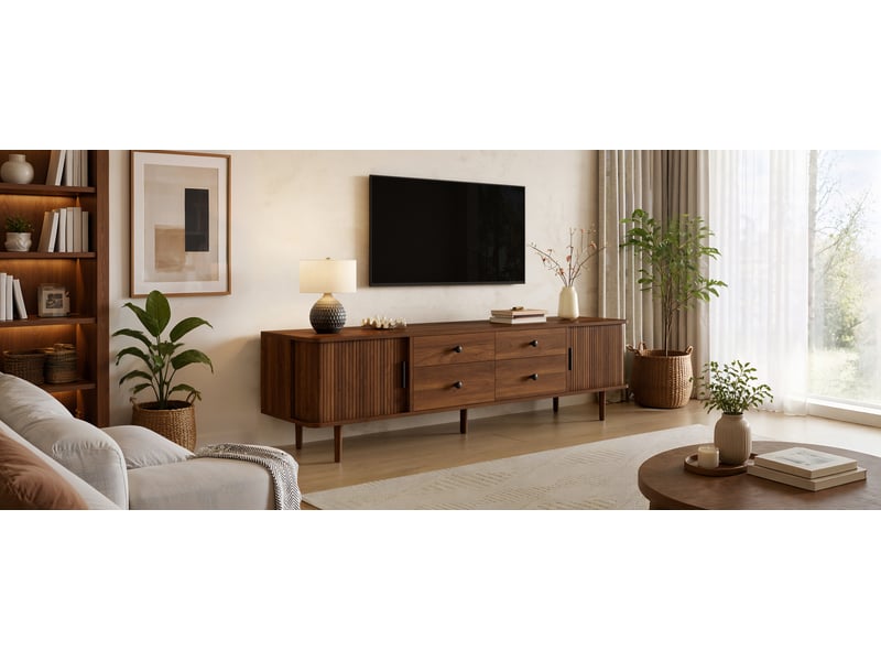  Meuble tv avec 4 tiroirs et 2 portes coulissantes, grand rangement en mdf noyer foncé pour salon 165 × 40 × 46 cm  - Conforama D