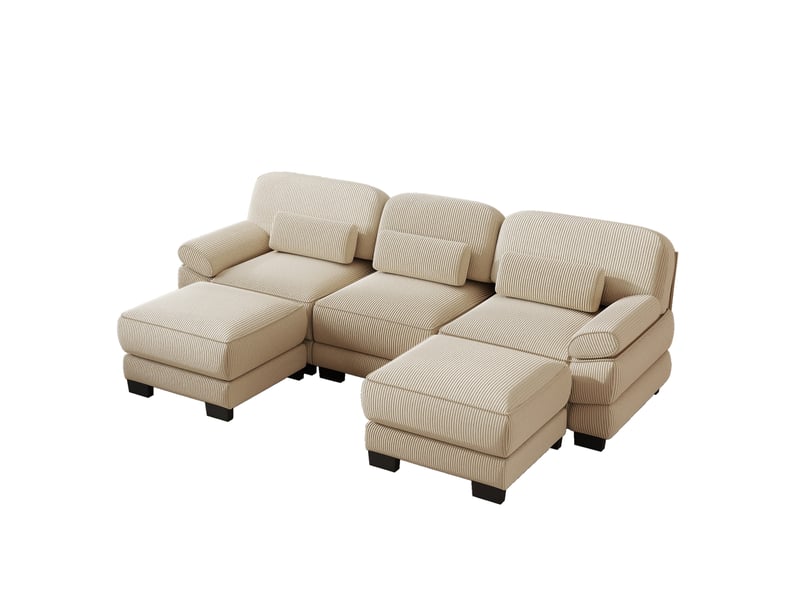 Canapé modulable en u 3 places 265x161x94 cm, coussin lombaire épais, assise profonde, avec 2 poufs, en velours côtelé, beige - Conforama A