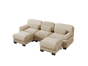 Canapé modulable en u 3 places 265x161x94 cm, coussin lombaire épais, assise profonde, avec 2 poufs, en velours côtelé, beige
