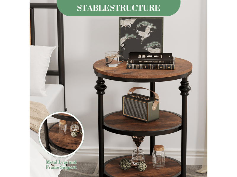  Table d'appoint ronde 3 niveaux, étagères, bout canapé, chevet compact, gain de place, style industriel vintage, cadre métal PHO_0Y1J0OJ7 - Conforama E
