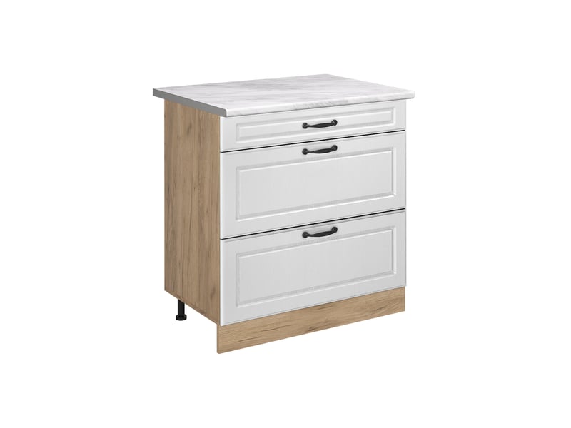 Vicco meuble cuisine, blanc campagnechêne doré, 80cm avec 3 tiroirs plan de travail marbre - Conforama A