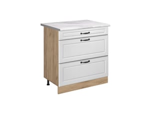 Vicco meuble cuisine, blanc campagnechêne doré, 80cm avec 3 tiroirs plan de travail marbre