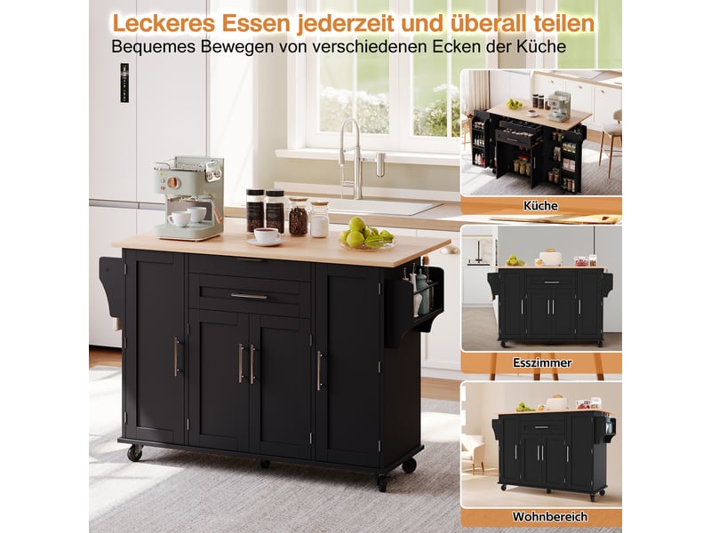  Îlot de cuisine mobile 136 × 4570 × 92 cm en mdf, plateau extensible, étagères réglables, tiroir caché et porte-serviette  - Conforama E