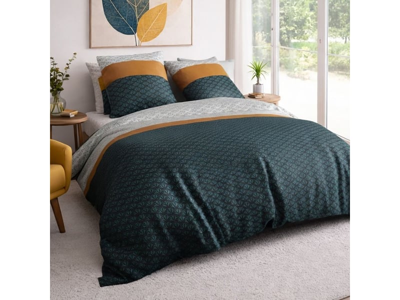  Parure housse de couette 260x240cm + 2 taies motif rétro bleu pétrole et jaune 100% coton - tobias TOBIAS - Conforama B