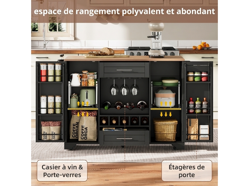  Desserte de cuisine à roulettes avec plan de travail rabattable  - Conforama D