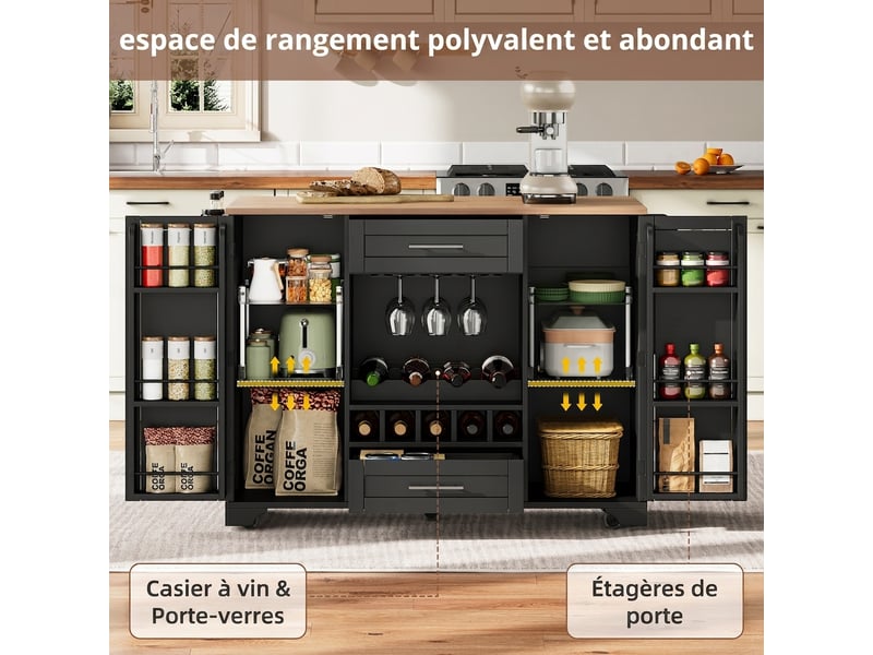  Desserte de cuisine à roulettes avec plan de travail rabattable  - Conforama D