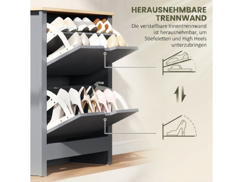  Meuble à chaussures 2 abattants gris foncé 72x26x80 cm avec cloison réglable pour 8-12 paires  - Conforama E