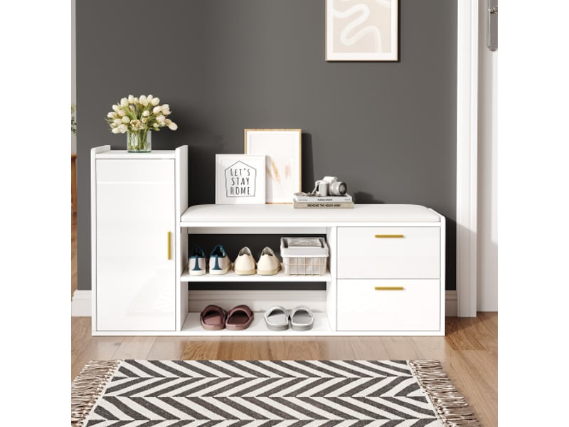  Meuble à chaussures banc laqué blanc 128 cm, 2 tiroirs, 1 porte, assise rembourrée  - Conforama R