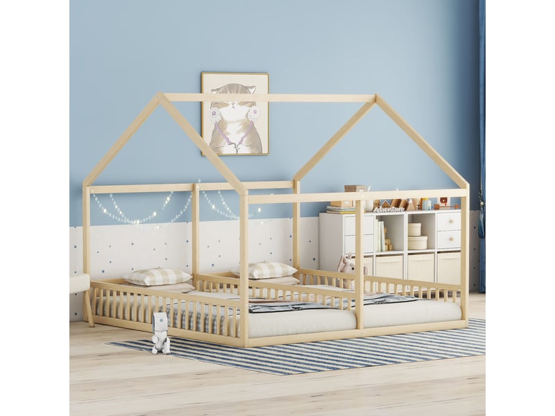  Lit enfant 2 en 1 90 x 200 cm, modèle maison, deux lits simples, naturel, cadre en pin pour chambre  - Conforama D