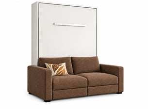Lit escamotable vertical kimber avec canapé tissu intégré – le salon le jour, un vrai lit la nuit-120x200-cadre blanc-façade blanche-canapé marron