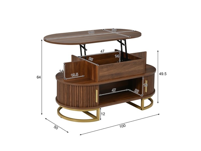  Table basse relevable, table de salon ovale avec rangement et portes coulissantes, mdf et pieds en acier doré 100x50x64cm, noyer  - Conforama E