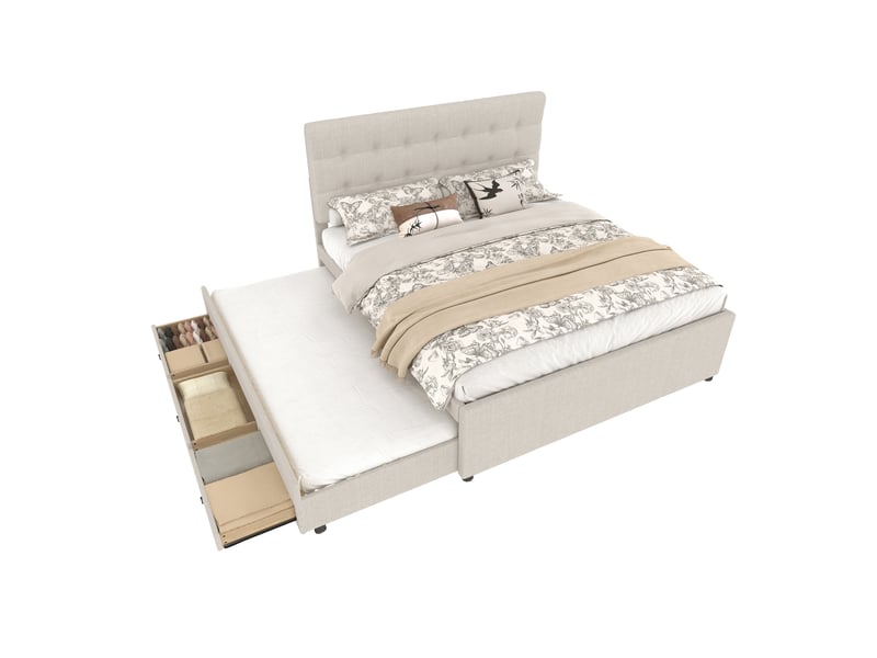  Lit 140x200 cm beige avec tête de lit réglable, 3 tiroirs et lit gigogne  - Conforama A