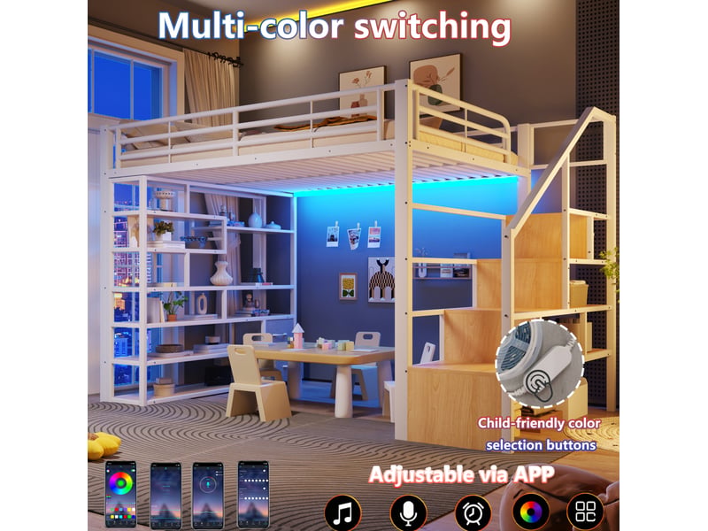  Lit mezzanine 140x200 cm, rangements escaliers, led, métal mdf blanc sans matelas  - Conforama E