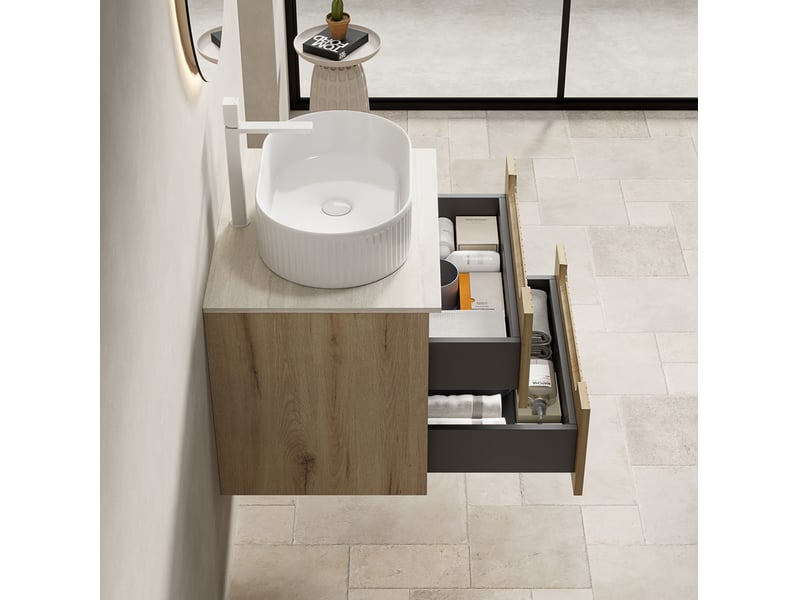 Meuble sous vasque suspendu avec 2 tiroirs et vasque ovale pour salle de bain blanc chêne clair 60 × 46 × 62,2 cm - Conforama D
