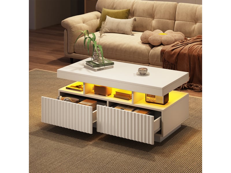  Table basse blanche 100x50x45 cm avec led, table de salon avec led, 2 tiroirs à rayures verticales, design minimaliste  - Conforama W