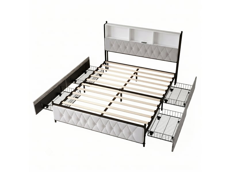 Dreammespace lit coffre rangement 160x200 cm - lit double avec 4 tiroirs & tête de lit étagère led prise usb, velours beige DreamMespace - Conforama A