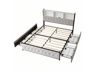 Dreammespace lit coffre rangement 160x200 cm - lit double avec 4 tiroirs & tête de lit étagère led prise usb, velours beige