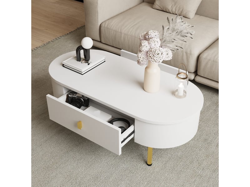 Table basse avec 2 tiroirs, poignées et pieds dorés, coins arrondis, blanc et or - Conforama B