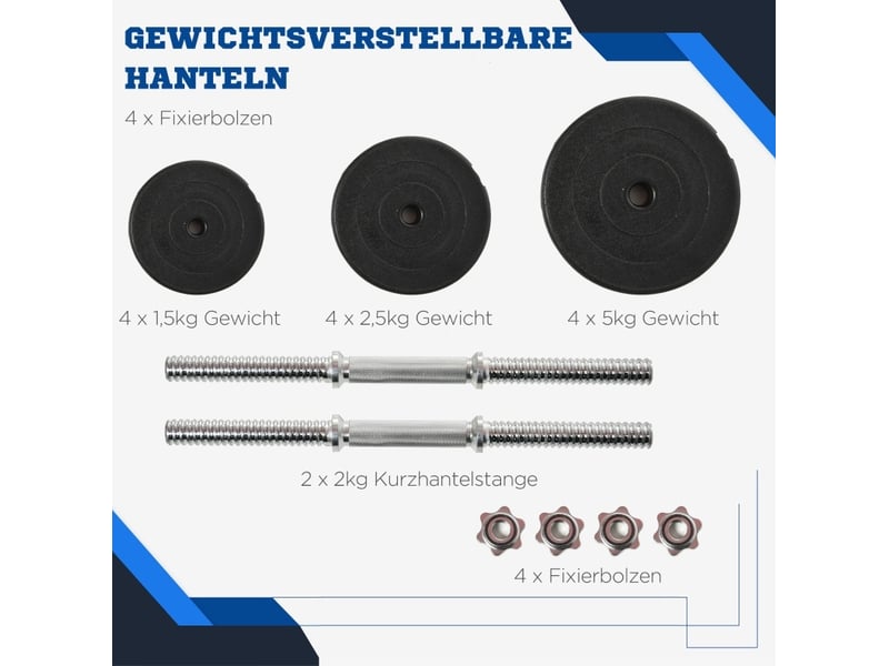  Set d’haltères réglables 40 kg – noir – 2 barres en acier chromé, 12 disques et 4 écrous étoile de serrage  - Conforama D