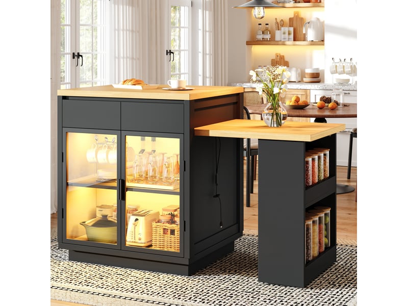 Desserte de cuisine extensible avec 2 tiroirs et 2 portes vitrées, éclairage led, pour cuisine et salle à manger - Conforama E