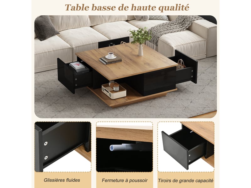  Table basse carrée 70x70 noir et bois, table de salon avec 3 tiroirs et rangement semi-ouvert, finition brillante  - Conforama E