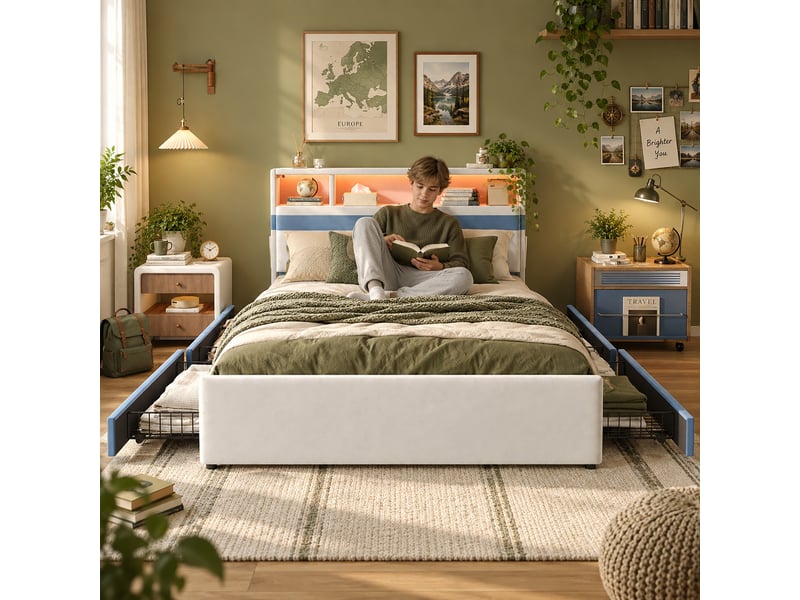  Lit rembourré 140x200 cm - éclairage led - grand rangement - 4 tiroirs - velours - structure fonctionnelle - design moderne - gain de place - gris CozyNest - Conforama B