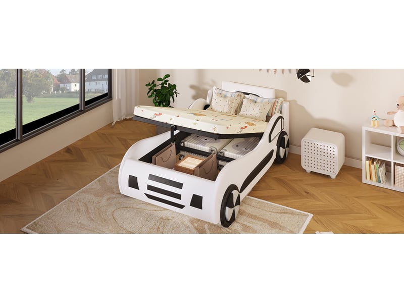  Lit enfant 90x200 cm style voiture blanc mdf et pu avec sommier à lattes et coffre hydraulique Sol Morn - Conforama E