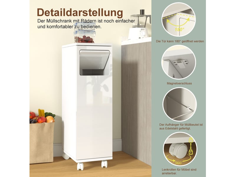 Meuble poubelle 24,2x35,1x80,2 cm, blanc brillant mdf, 1 porte sur roulettes, support sac inox intégré - Conforama D
