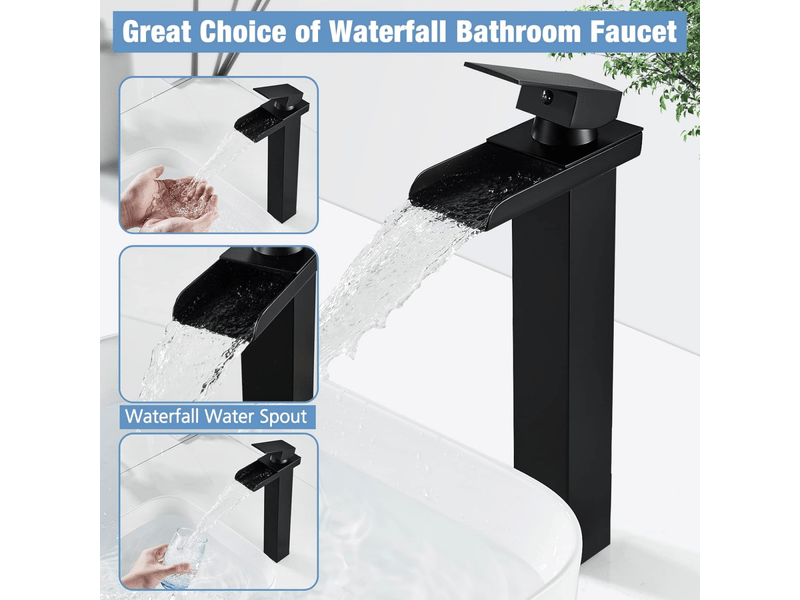  Robinet de salle de bain cascade chromé, robinet de lavabo avec bec surélevé, fonctionne de l'eau chaude et froide - noir  - Conforama D