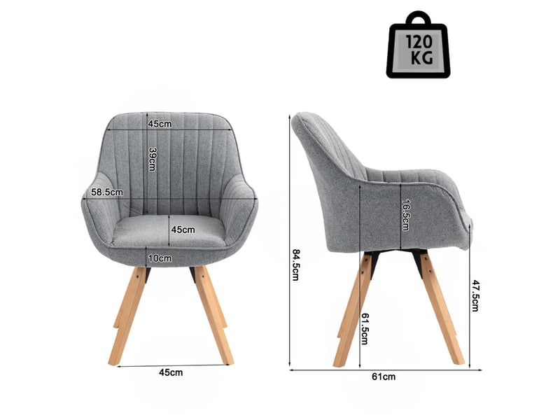  Chaise salle à manger scandinave fauteuil coiffeuse siège pivotant avec accoudoirs rembourré en tissu pieds en bois massif, gris  - Conforama D