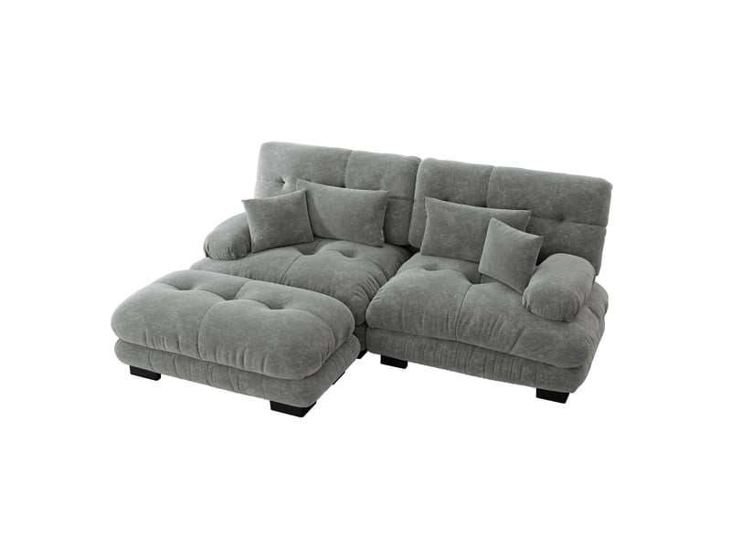 Canapé modulaire d'angle en chenille avec ottoman, coussins lombaires et dossier profond, gris - Conforama A