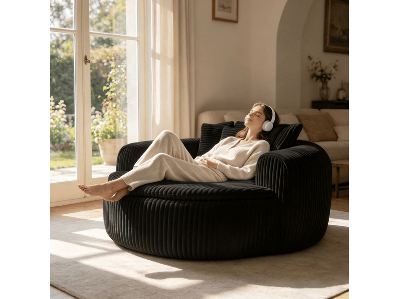  Fauteuil lounge noir tissu côtelé profond avec 5 coussins dossier large assise salon chambre  - Conforama B