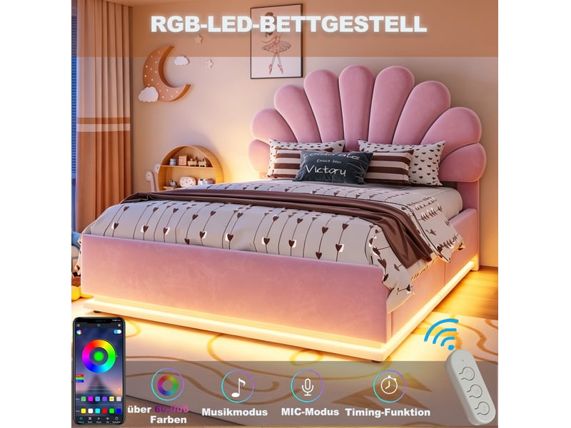  Lit coffre 140 × 200 cm 2 places avec éclairage led réglable et tête de lit fleurie, sans matelas, rose velours  - Conforama E