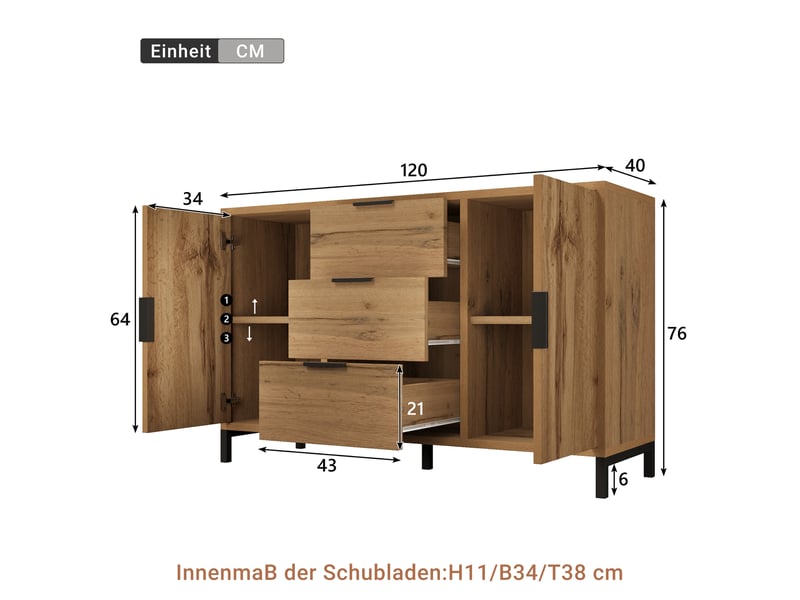  Buffet industriel chêne foncé 120 × 40 × 76 cm, 3 tiroirs et 2 portes IKSETERA TRADING LTD - Conforama C