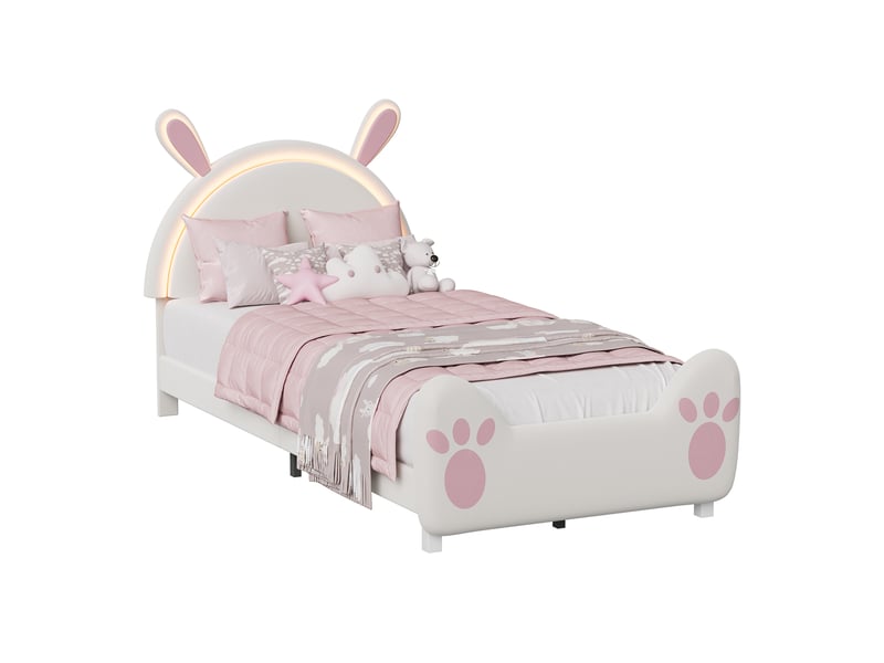  Lit jeune fille 140x200 cm cadre de lit rembourré en velours, tête de lit oreilles de lapin avec éclairage rgb, lit enfant avec pied de lit anti-chute  - Conforama A
