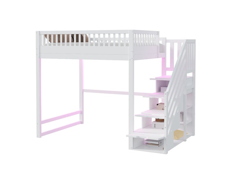 Lit mezzanine 140 x 200 cm - avec échelle de sécurité - avec barrières de sécurité - équipé de lumières led - blanc (matelas non inclus)  - Conforama A