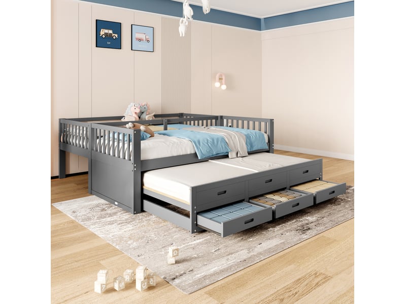  Lit superposé enfant 90x200 cm avec lit gigogne, 3 tiroirs, gris, sans matelas  - Conforama D