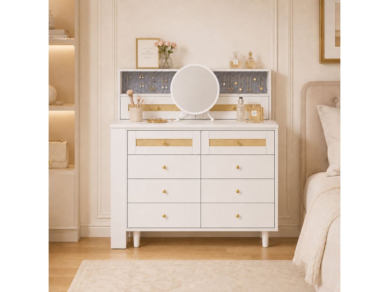  Coiffeuse 3 en 1 avec miroir 105x50x107,5 cm-10 tiroirs-armoire à bijoux-plateau en verre trempé-décor rotin-blanc  - Conforama D