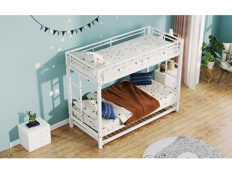 Lit superposé 90x200 cm blanc métal avec lit gigogne et garde-corps haut conforme en747 pour enfant Sol Morn - Conforama D