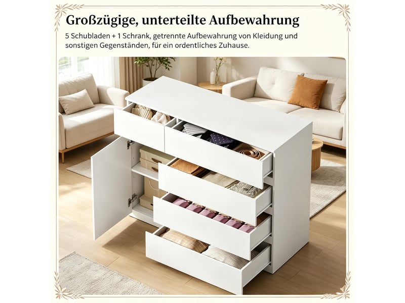 Commode avec 5 tiroirs et 1 porte de rangement pour chambre en panneaux de particules 100×40×80 cm blanc - Conforama C