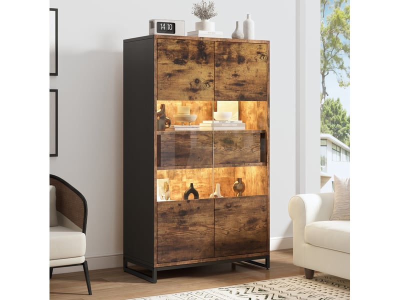  Vitrine led 80x40x138 cm noire et décor bois foncé avec 2 tiroirs  - Conforama D