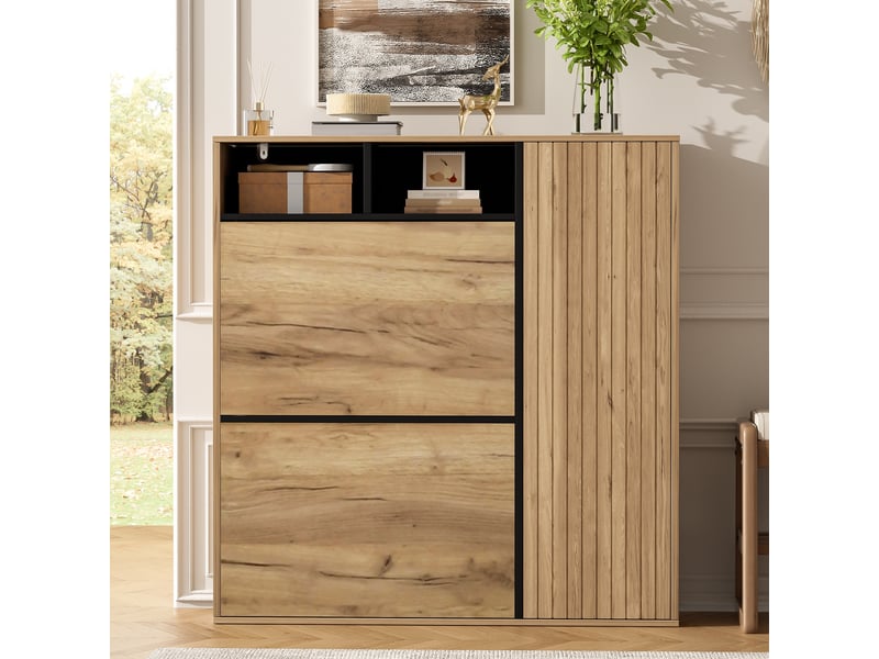  Meuble à chaussures 90x24x94cm - meuble à chaussures avec 2 abattants, 1 porte et niches ouvertes - bois et noir  - Conforama C