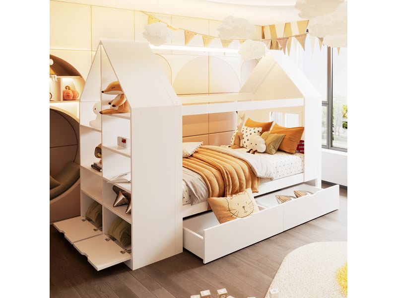  Lit cabane enfant modenvie 90 x 200 cm avec 2 tiroirs, led, rangement, cadre à lattes, bois et mdf, blanc  - Conforama D