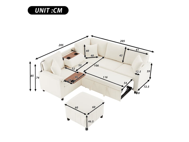 Canapé d'angle convertible en chenille, beige 205x205 cm, avec pouf coffre & ports usb, lit d'appoint confortable pour salon & chambre. - Conforama C
