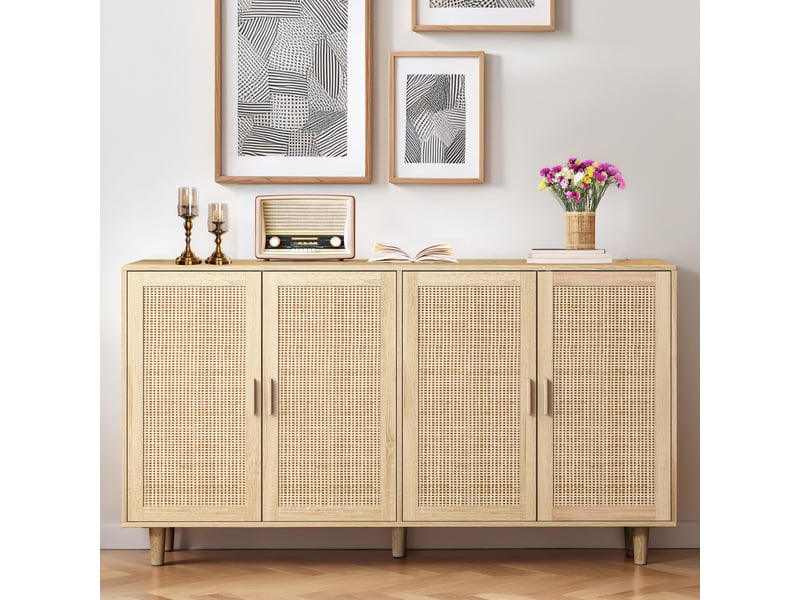 Buffet 4 portes décor rotin avec étagère réglable pour salon 158×40×88 cm naturel - Conforama B